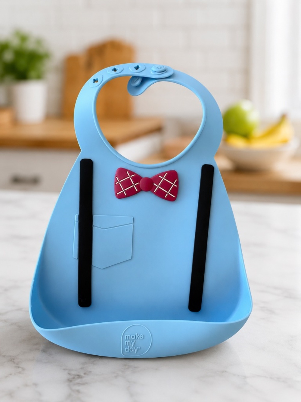 Make My Day Silicone Baby Bib – Adjustable – Blue with Bow Tie